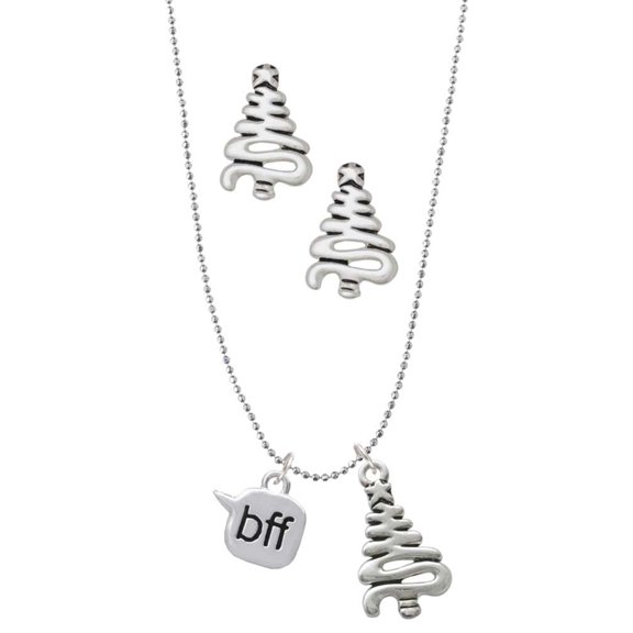 Delight Jewelry Silvertone Text Chat - bff - Best Friends Forever - Silver tone Zig Zag Christmas Tree Charm Necklace and Stud Earrings