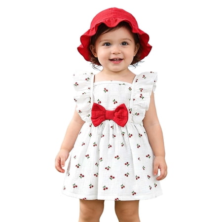 xfsWaSs Infant Baby Girl Dress Summer Dresses Cherry Print Bow Sleeveless Ruffle Sundress With Hat Beach Outfit For Infant Toddler 2-3 Years