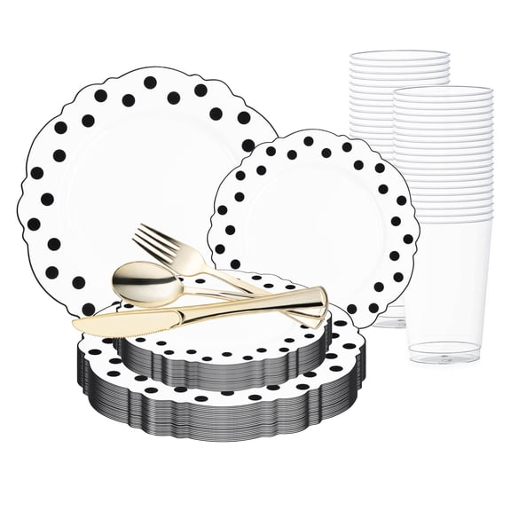 Smarty White with Black Dots Round Blossom Disposable Plastic Wedding Value Set (120 Guests)