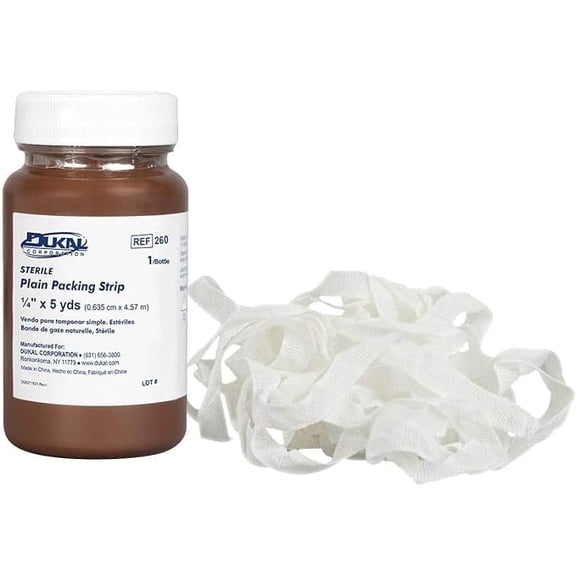 Dukal Plain Wound Packing Strips 1/4" x 5 Yards. Woven Gauze Fabric Packing Strips. Wound Sterile Strips in Unbreakable Poly Bottles. Sterile Packing for Open or Infected Wounds.