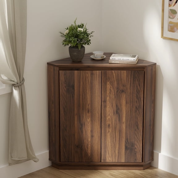 Joyyskill Corner Storage Cabinet, Small Corner Floor Cabinet with 2 Doors and 2-Tier Shelves, Modern Wooden Narrow Storage Organizer, Brown