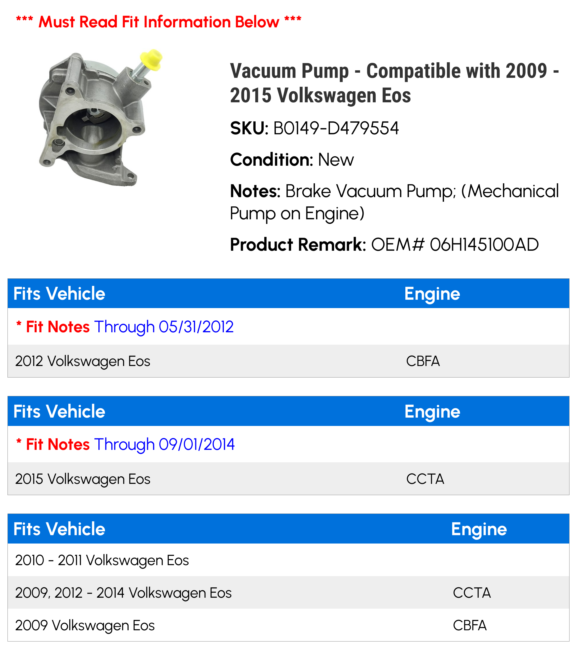Vacuum Pump - Compatible with 2009 - 2015 Volkswagen Eos 2010 2011 2012 2013 2014
