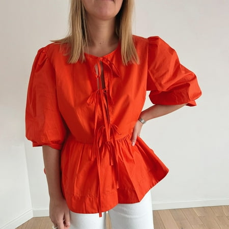 Women Open Front Short Puff Sleeve Shirt Summer Lace Up Ruffle Babydoll Tee Going Out Front Tie Tank Tops Streetwear