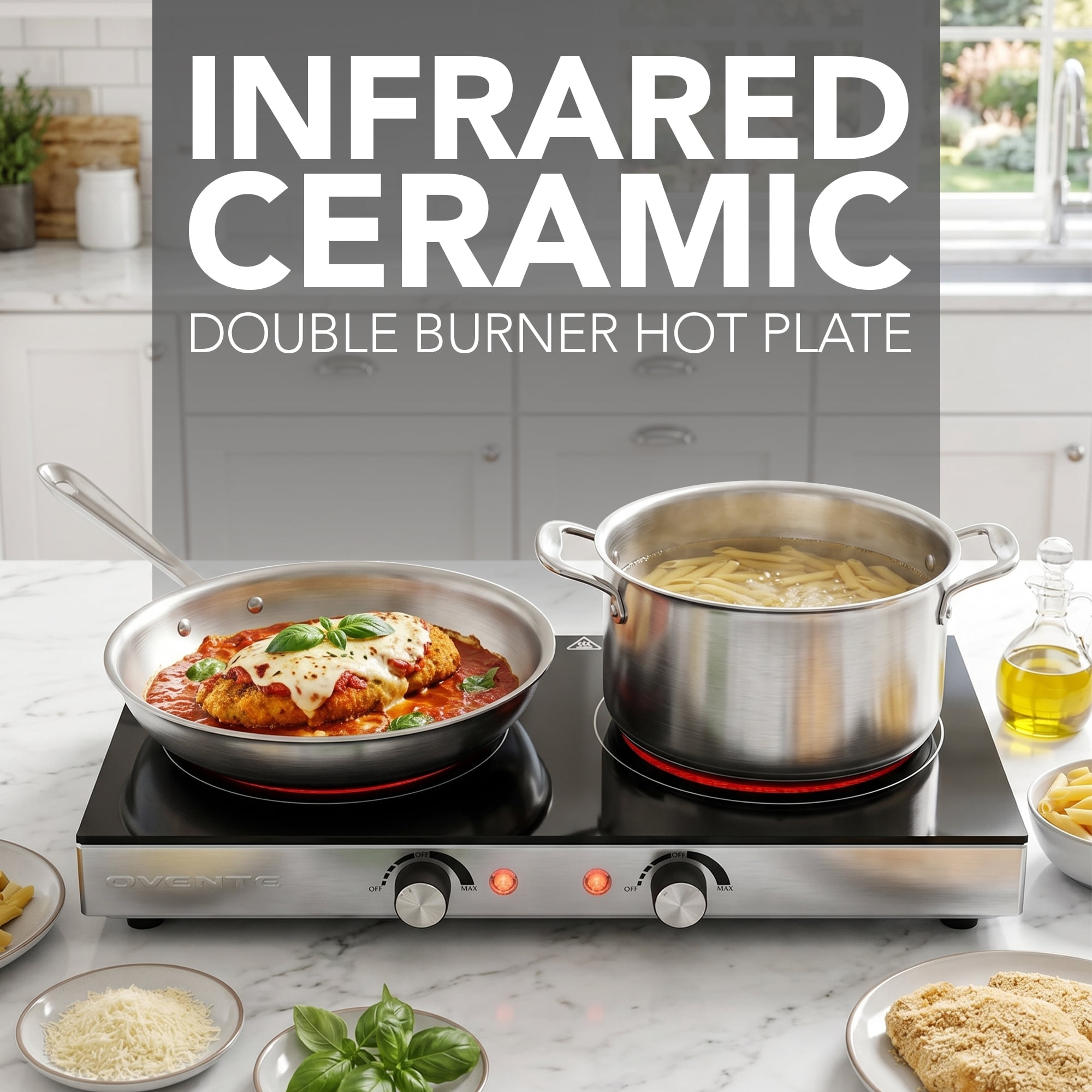 OVENTE Infrared Ceramic Double Burner, 1800W Hot Plate, Black BGI302GB, Crystalline Glass, Portable Stainless Steel Cooktop for Home, Office, or Dorm Use, Non-Slip Feet