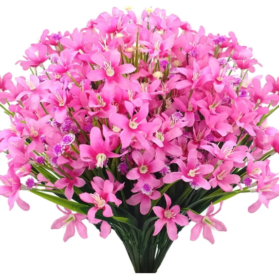 Morttic 6 Pcs Artificial Daffodils Flowers Outdoor UV Resistant Faux Shrubs Fake Plastic Plants for Hanging Planter Window Garden Porch Farmhouse Decor (Pink)