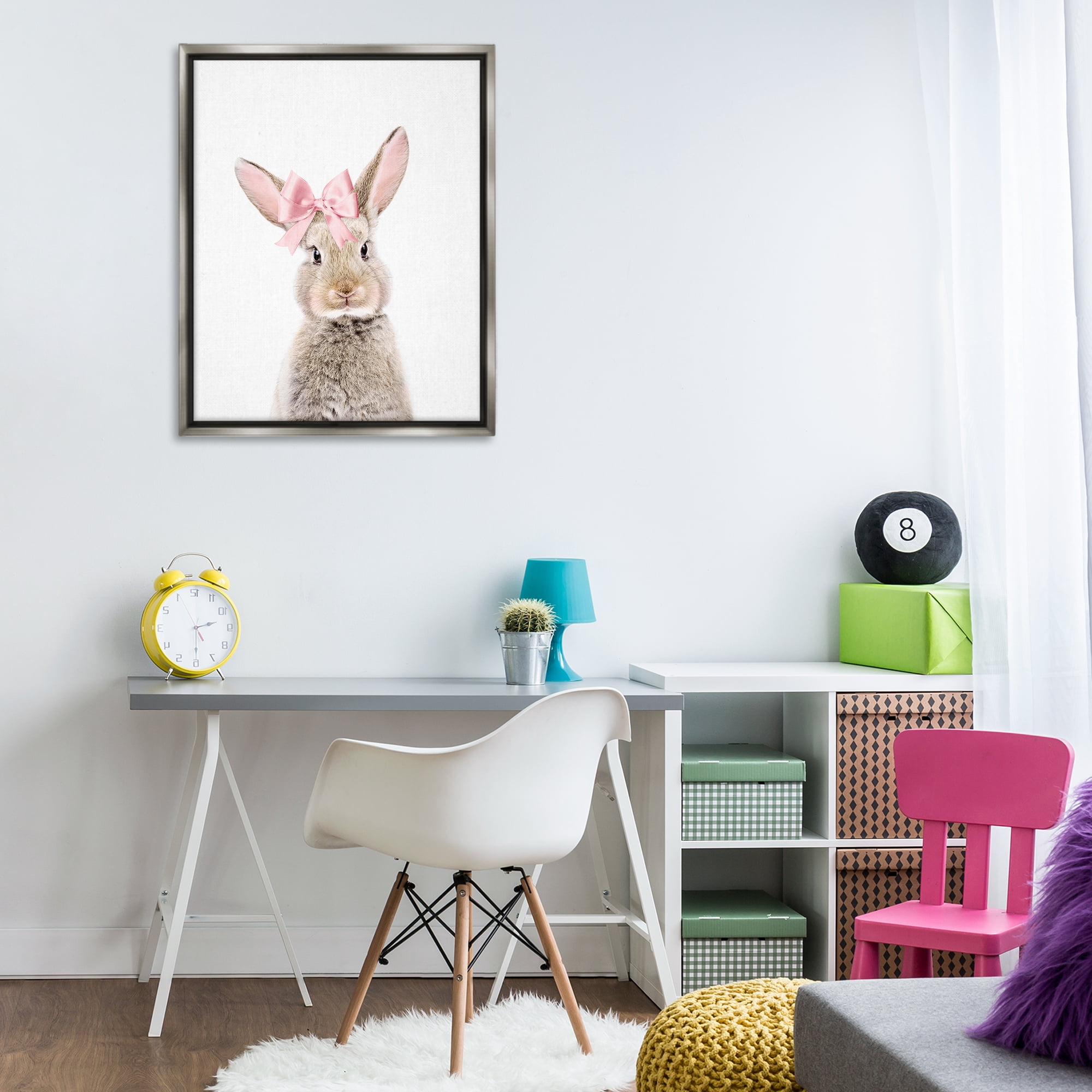 Stupell Industries Bunny with Pink Bow Animals Painting Gray Floater Framed Canvas Art Print Wall Art, 25 x 31