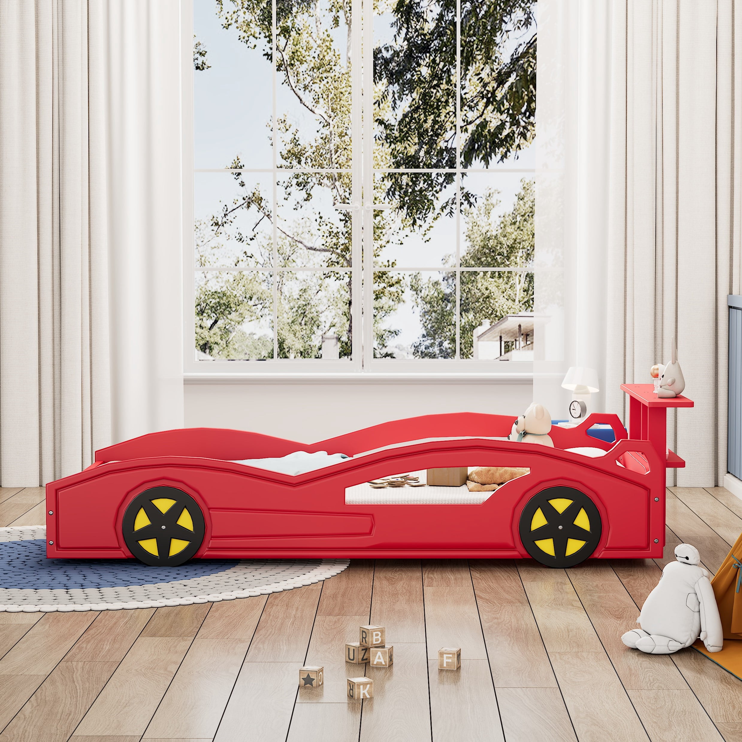 MAYEERTY Twin Wooden Race Car Bed with Wheels for Teens' Bedroom Red & Yellow