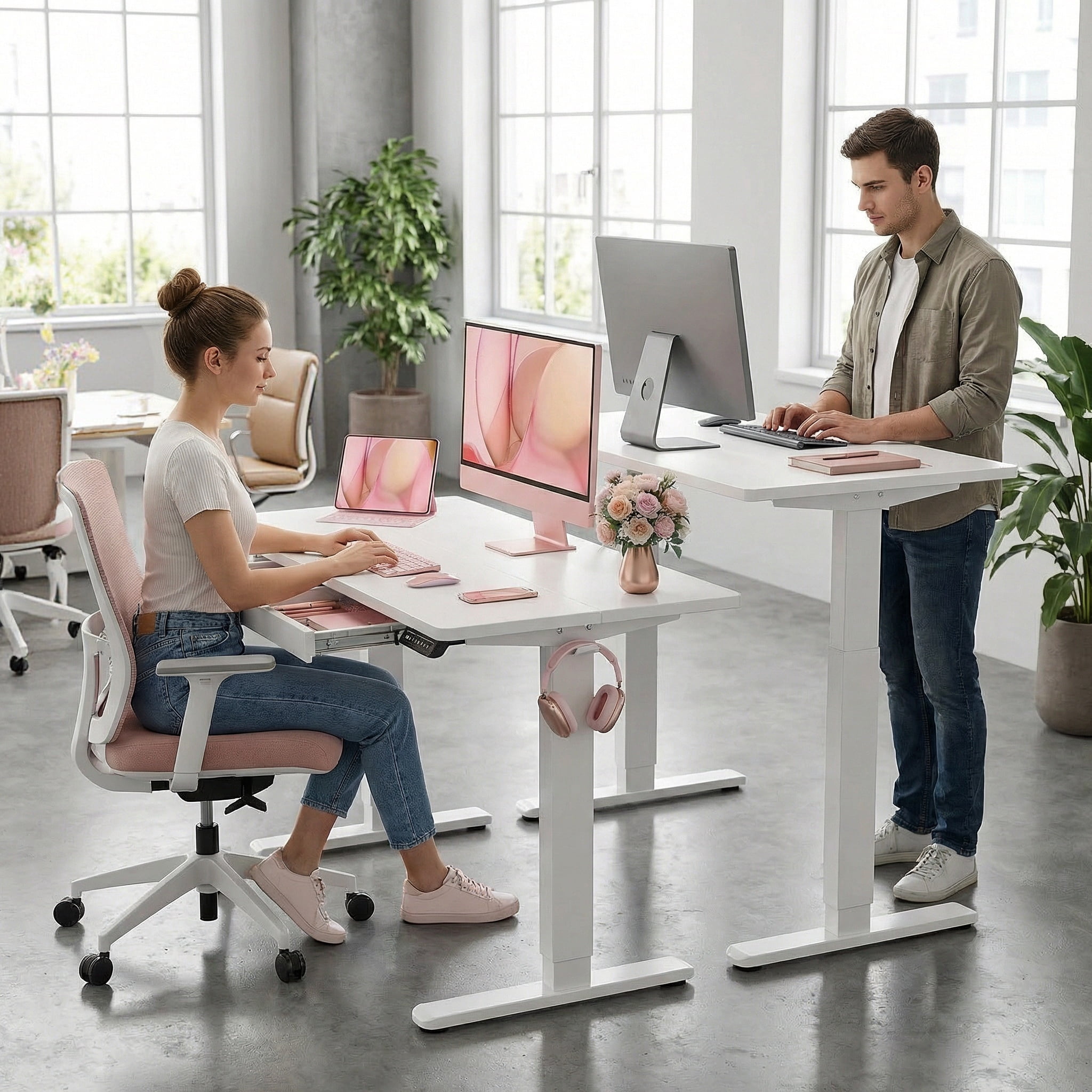 Kyspho Electric Standing Desk with Built-in Drawer, 48" x 24" Adjustable Height Computer Desk, 4 Memory Presets for Home Office, White