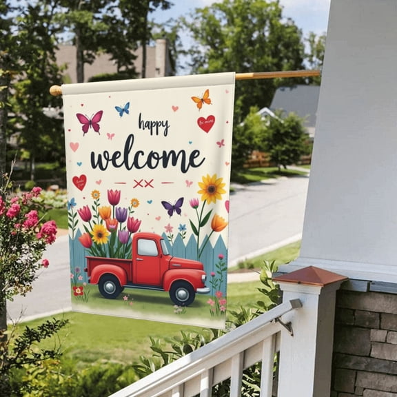 Spring Summer Garden Flag Red Truck Butterfly Colorful Flower Double Sided Rustic Farmland Yard Lawn Outdoor Decor 12X18 Inch