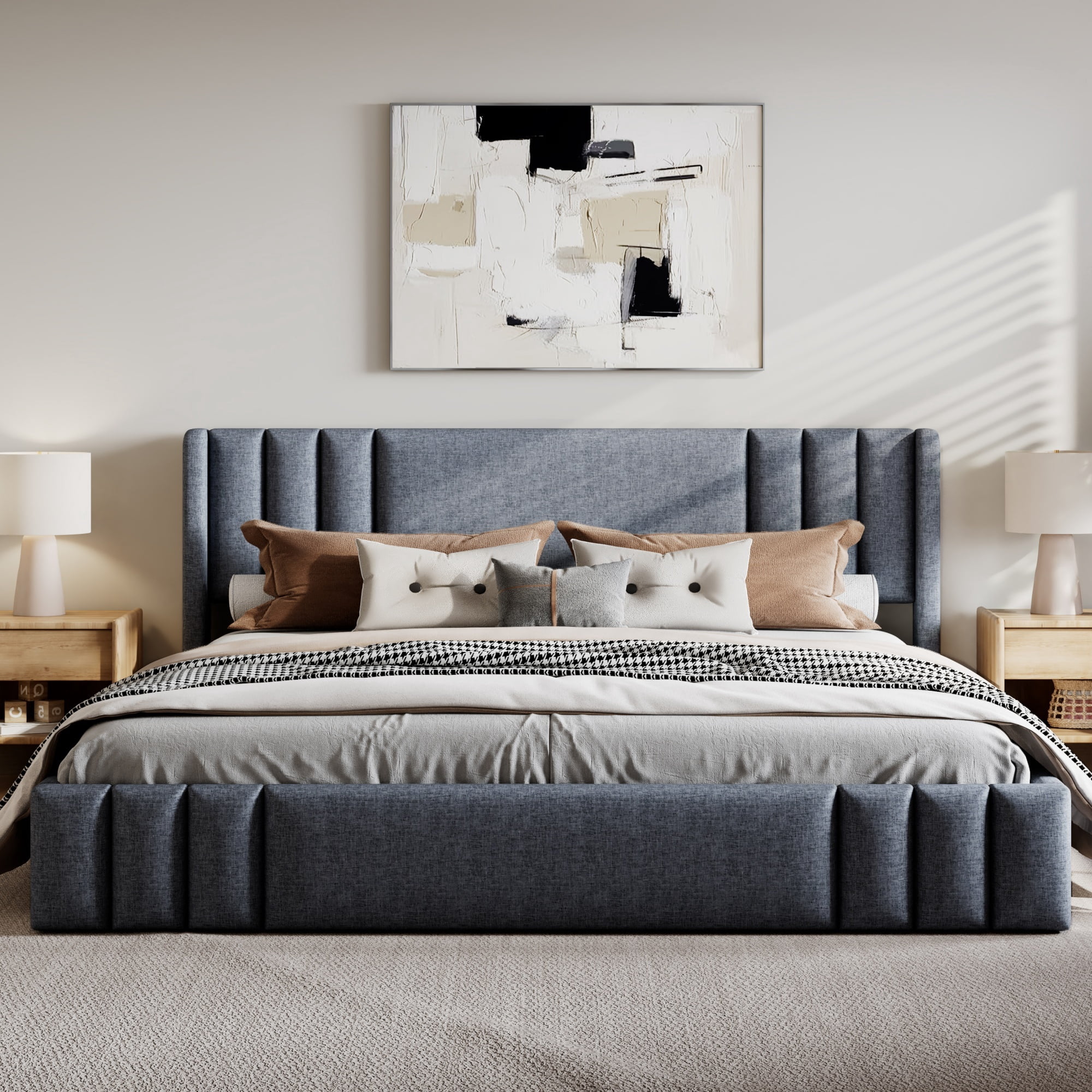 Euroco Queen Size Upholstery Platform Bed with Headboard, No Box Spring Needed, Gray