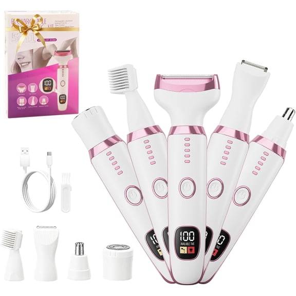 Hoeylife 5-in-1 Women's Electric Shaver & Hair Trimmer Kit - For Legs, Underarms, Bikini Line, Face & Body, Painless Cordless Wet/Dry Razor, Waterproof & USB Rechargeable for Women Grooming