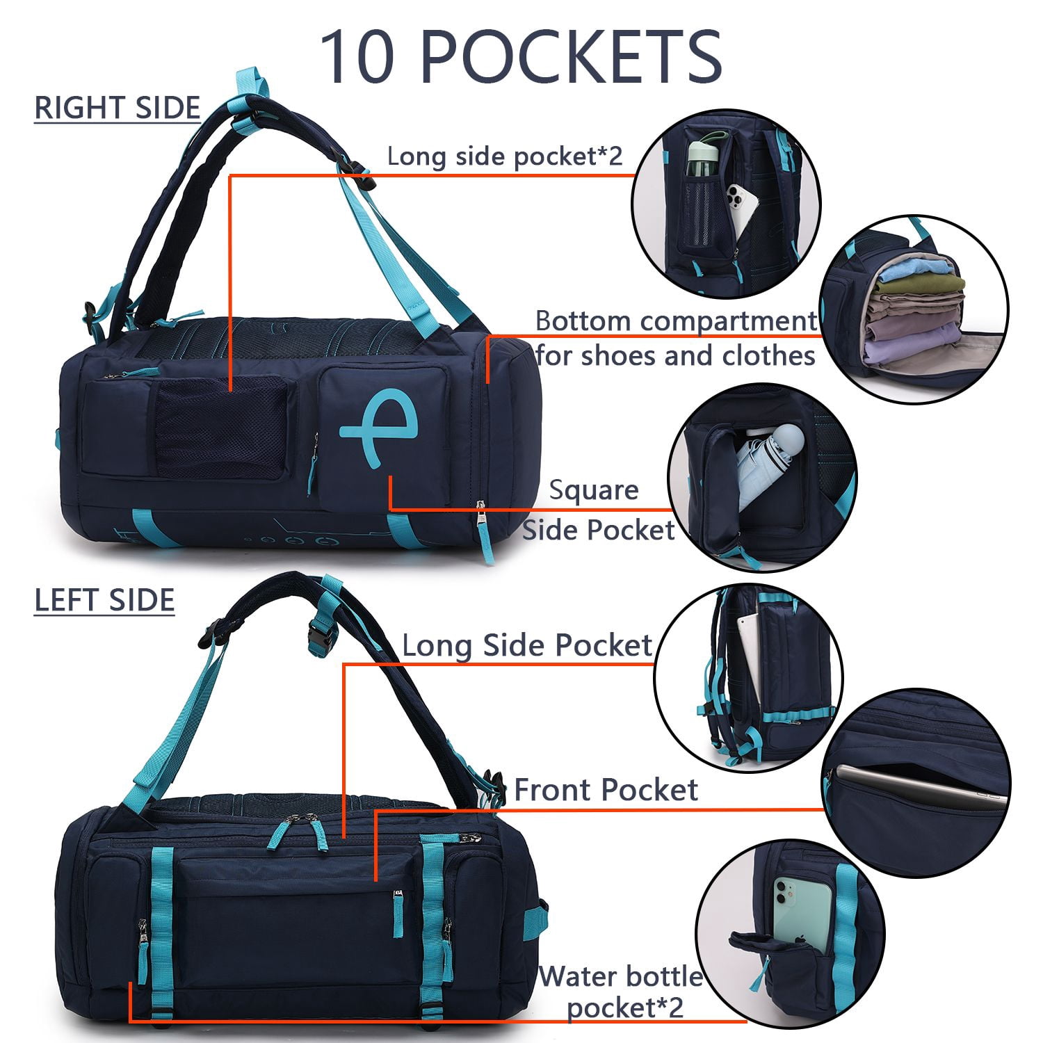 BE SMART Adult 50L Waterproof Heavy Duty Sports Duffel Bag, Blue, 1-Piece