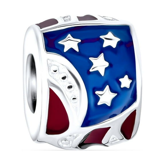 Bling Jewelry Womens Patriotic USA Flag Star Stripes Charm Bead .925 Sterling Silver for Bracelet