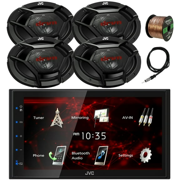 JVC Double DIN In-Dash 6.8" Touchscreen Bluetooth USB Digital Multimedia Car Radio Receiver, 4x 6x9" 500 Watt Max Power 3-Way Automotive Audio Speakers, 22" Antenna, 16 Gauge 50 ft Speaker Wire