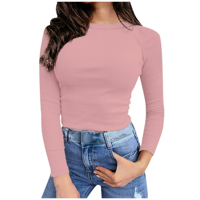 Penkiiy Chandails à Col Rond à Manches Longues Côtelés pour Femmes Chandails Ajustés Coupe Ajustée Hauts Basiques Décontractés m Rose