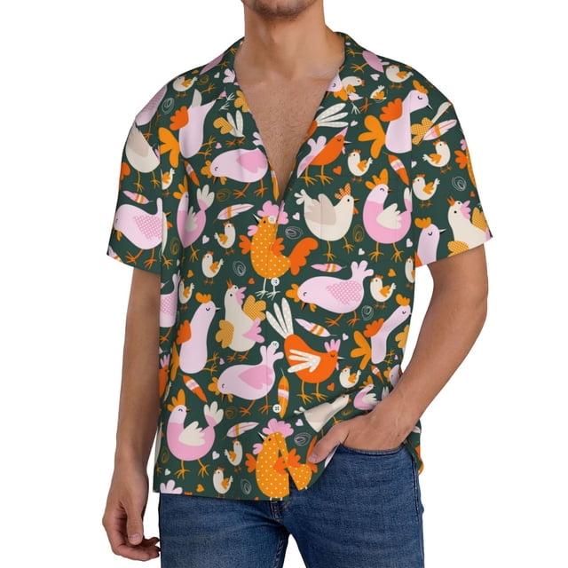 Balery Roosters and Chicks Camisa Casual de Manga Corta con Botones para Hombre, Texturizada, Estilo Cubano, para Playa, Verano-X-Large
