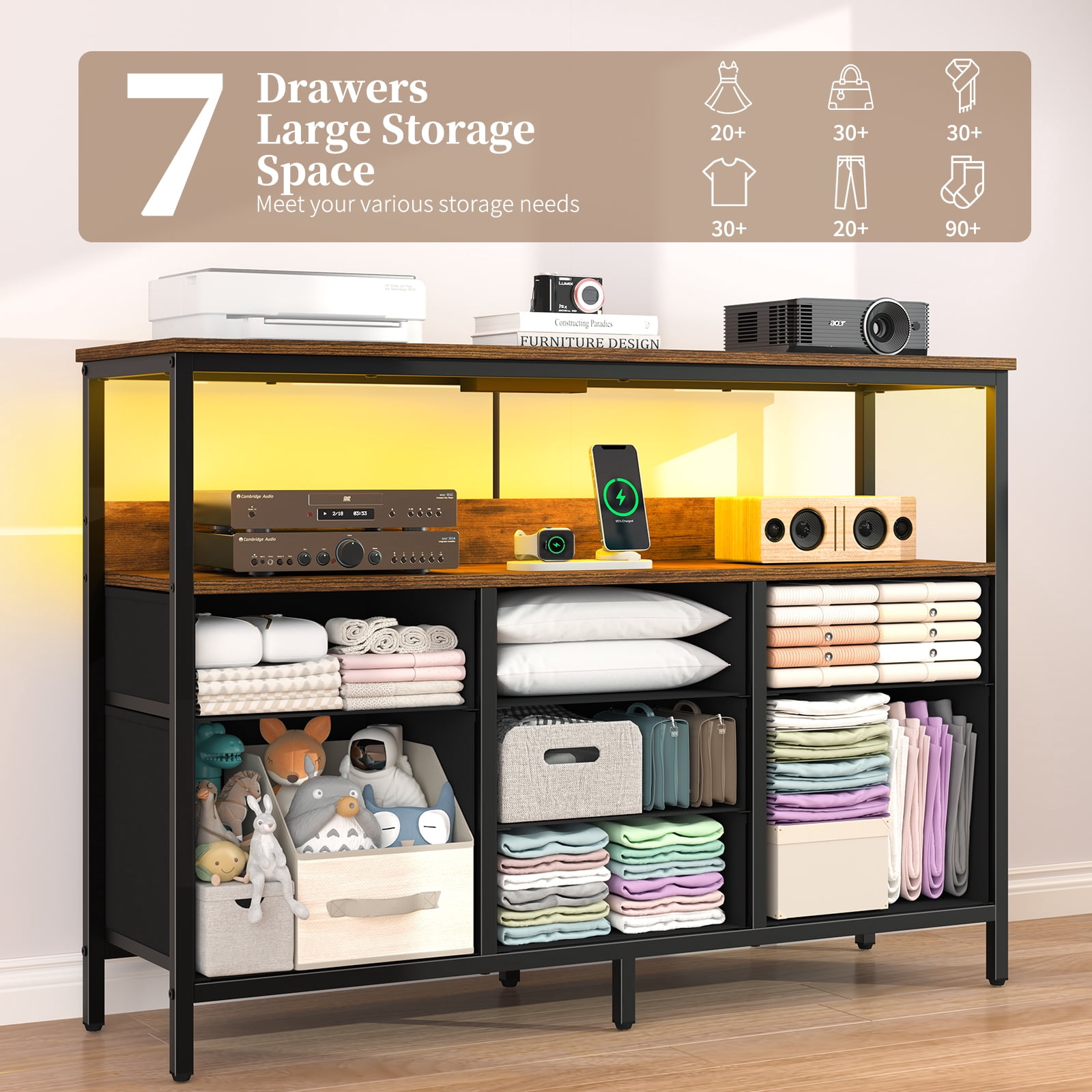 7 Drawer Fabric Dresser Storage Chest with Wood Top, Wide Dresser TV Stand for Bedroom,Living Room, Hallway, Entryway, Brown