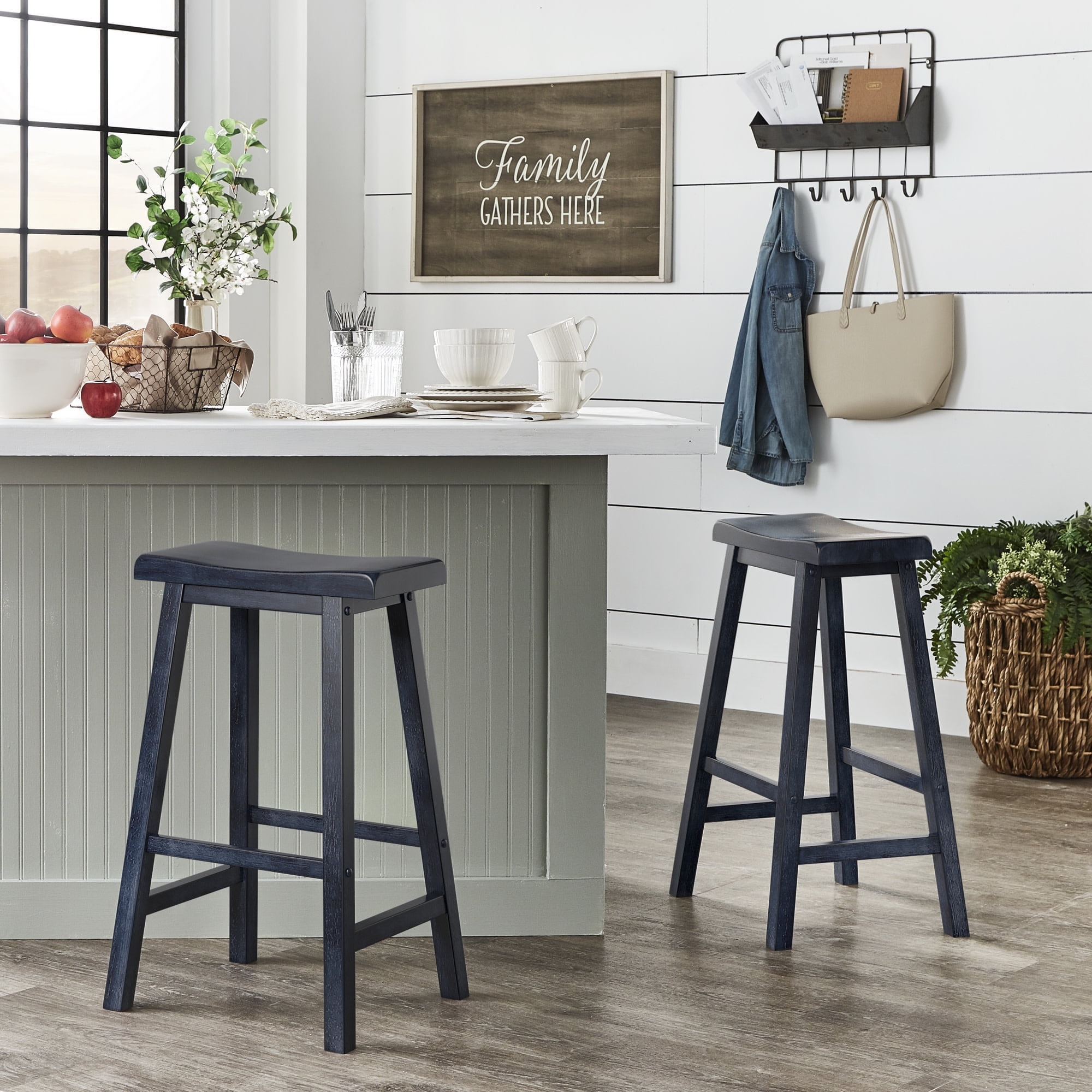 Weston Home Ashby Saddle Seat 29-inch Bar Height Backless Stools, Set of 2, Antique Dark Denim