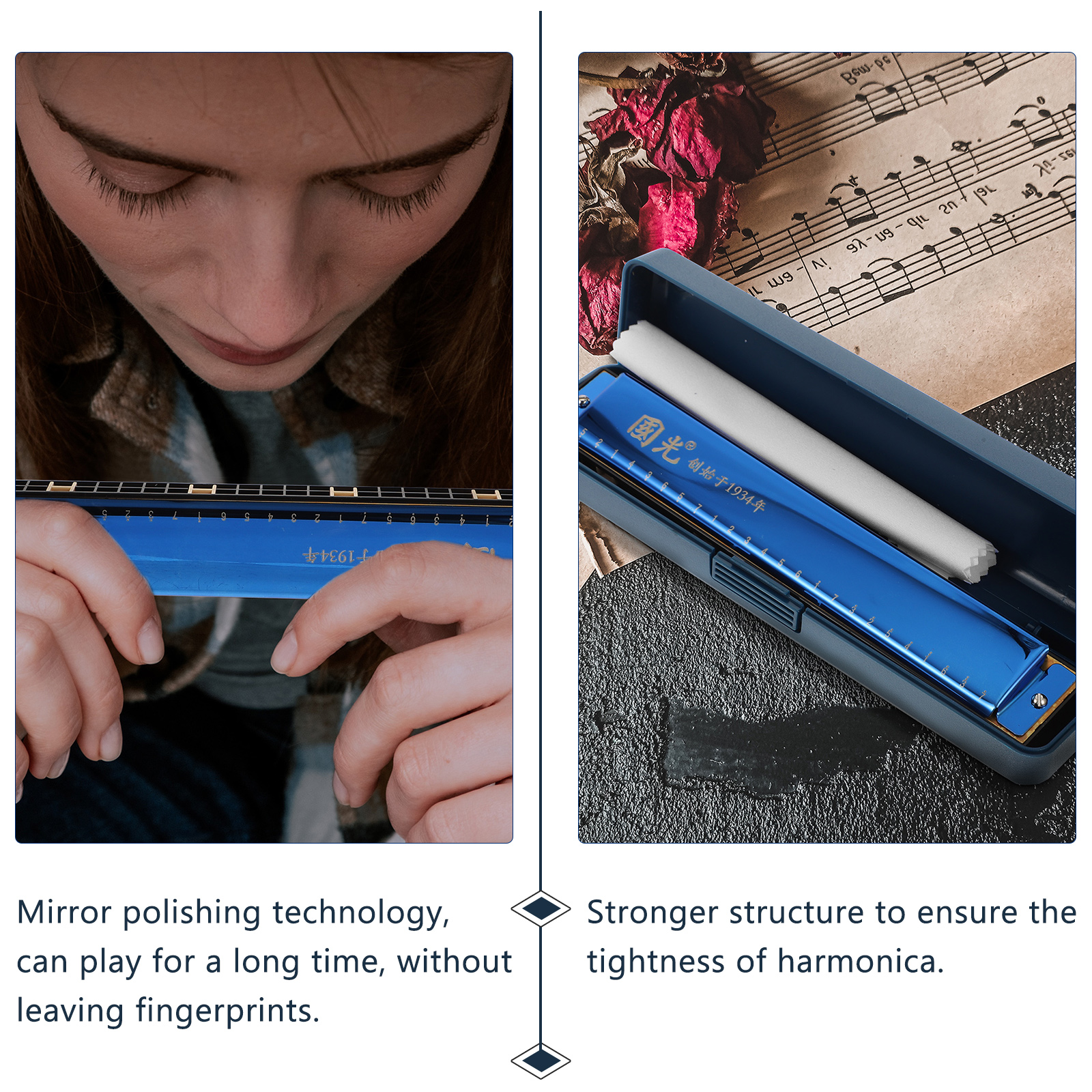 unbranded 2pcs Complex Tones- Key Harmonica: Practical 24 Holes Harmonica with Packing Box ( Sapphire blue )
