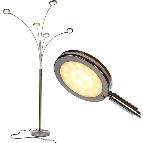 Brightech Orion 5 Satin Nickel Modern LED 74 in. Arc Lamp with 5 Adjustable Arms and Light Heads