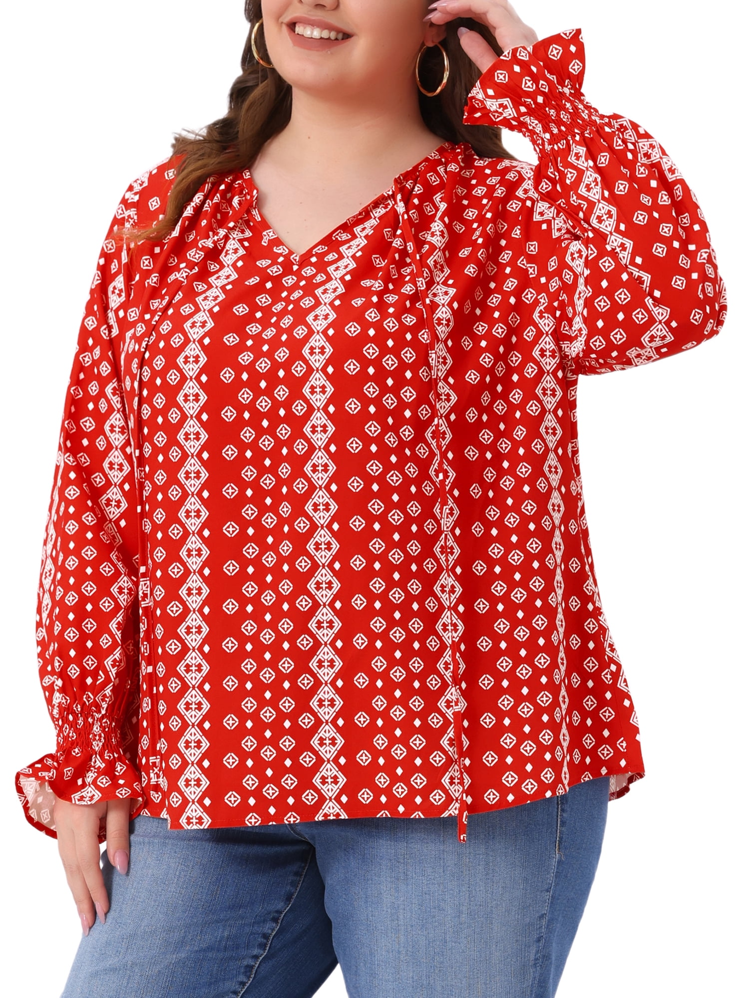 DARING DIVA Women's Plus Notch V Neck Drawstring Tassel Tie Blouse 1X Red
