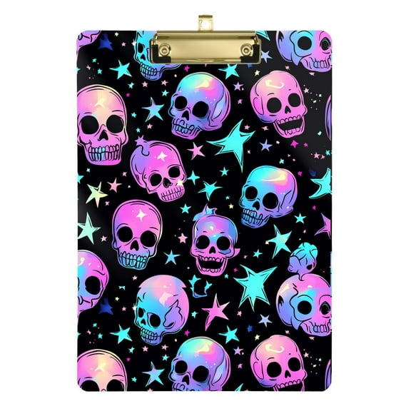 Plastic Clipboard Acrylic Hanging Clip Board with Gold Low Profile Office School Supplies 12.5x9 Neon Skulls and Stars