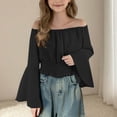 thumbnail image 2 of mgoYE Girls Off The Shoulder Tops Long Sleeve Loose Fit Dress Shirts Blouses(Black,7-8 Years), 2 of 5