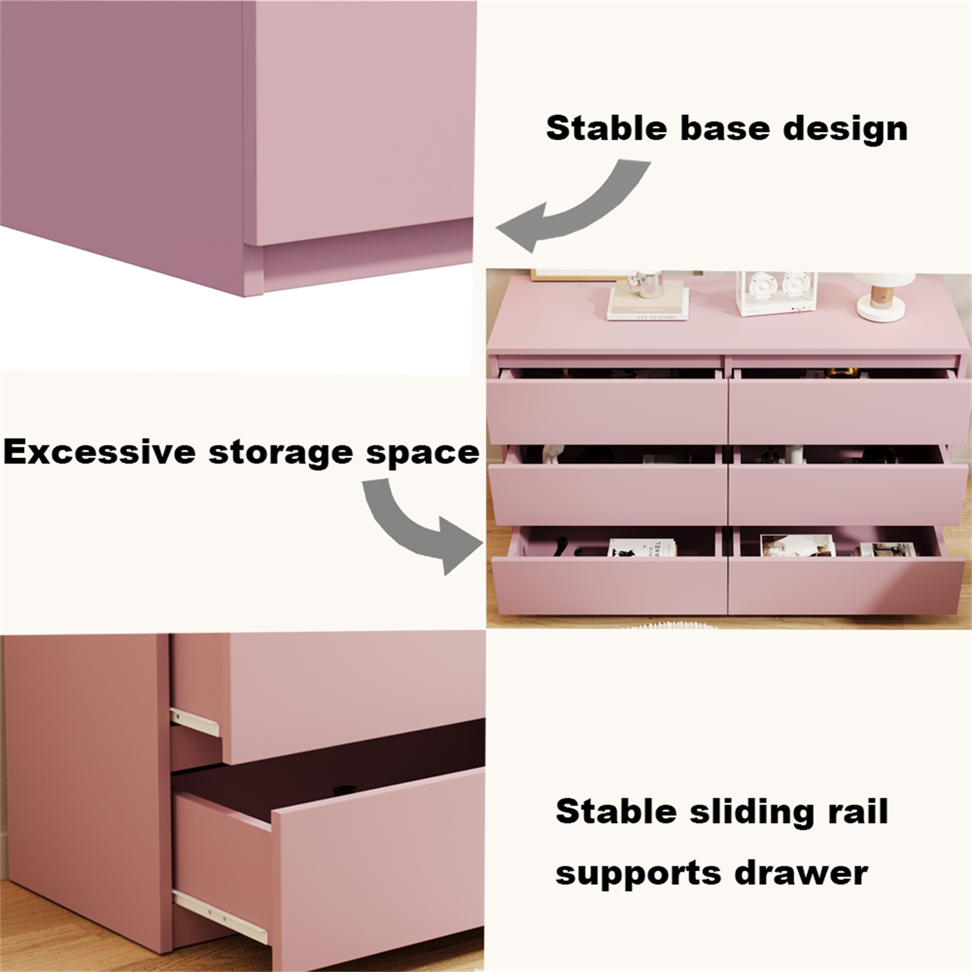 Lunale 6 Drawer Wide Dressers Chest for Bedroom, Storage Drawer Organizer with Modern Minimalist Design, Pink