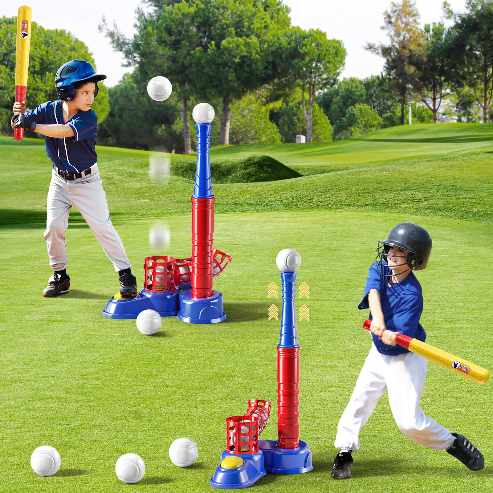 2 in 1 Tee Ball Set for Kids 3-5|5-8, Kids Baseball Tee, T-Ball Set with 10 Balls, Step on Pitching Machine, Batting Tee, Outdoor Sport Toy Games for 3 4 5 6 7 8 Year Old Boys Kids Toddler