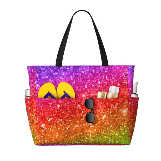 Fotbe Colorful Glitter Bolsa de Viaje para Playa - Resistente al Agua, Bolsa Tote de Gran Capacidad y Ligera con 7 Bolsillos para Mujeres y Hombres