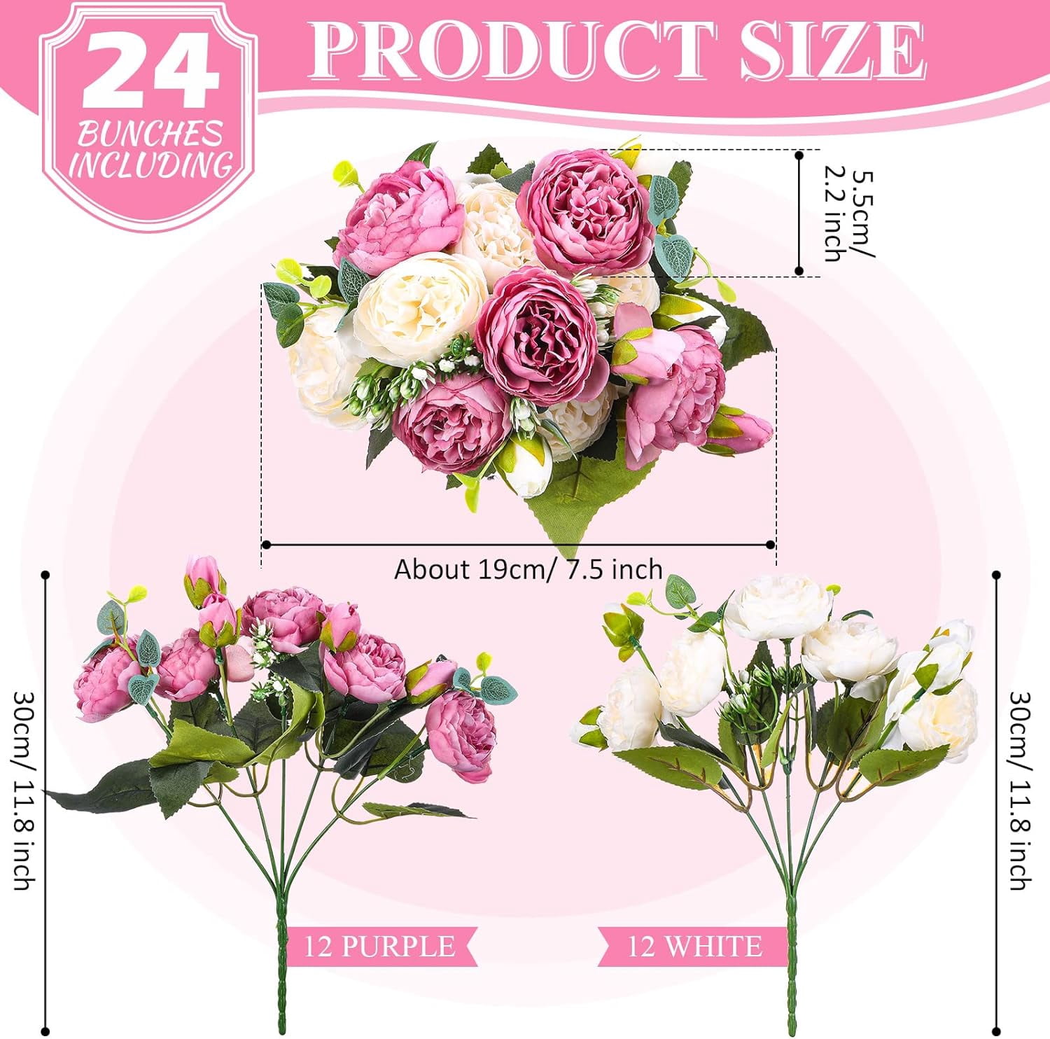 24 Bundles Artificial Peonies Flowers Wedding Faux Flowers Silk Peony Bouquet Bulk Bride Fake Florals Arrangements for Table Centerpieces Wedding ​Party Vase Decor (Light Pink)