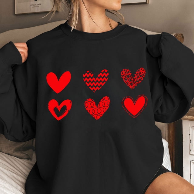 Qertyioot Chemise Cœur d'Amour Pull de la Saint-Valentin, Imprimé Mode Femme Manches Longues Col Rond Blouse Ample