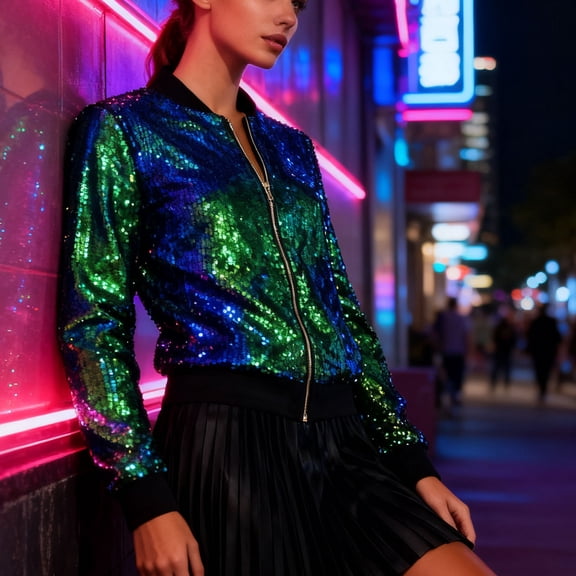 Uootdi Women's Sequins Jackets Zipper up Collarless Long Sleeve Jacket Trendy Glitter Party Sparky Bomber Blazer Coat