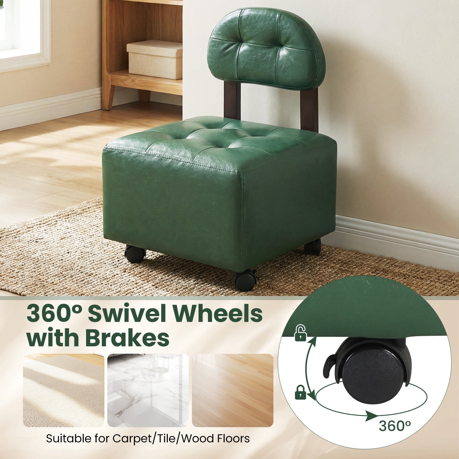 Gymax Rolling Footrest Stools Set of 2 Upholstered Square Ottoman 330 LBS Max Load