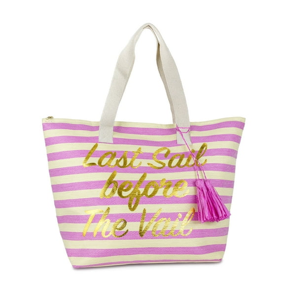 Women's Insulated Last Sail Before The Vail Striped Paper Straw Beach Tote Bag with Tassel and Flat Handles