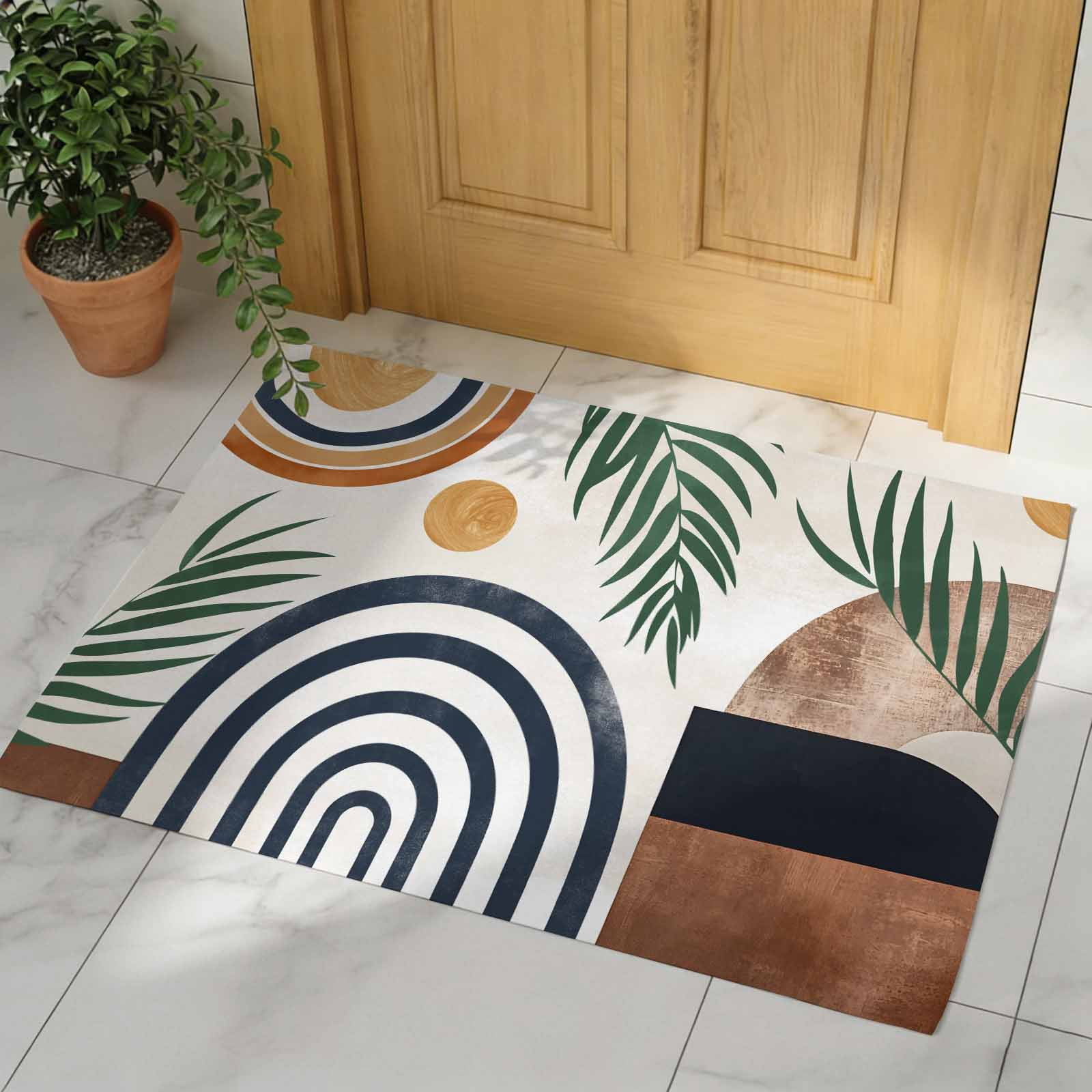 Boho Middle Century Indoor Door Mat - 18"x30", Non-Slip Welcome Mat for Outdoor, Modern Abstract Botanical Geometric Front Doormat for Entry, Low-Profile Doormat Entrance Rug for Kitchen/Bathroom