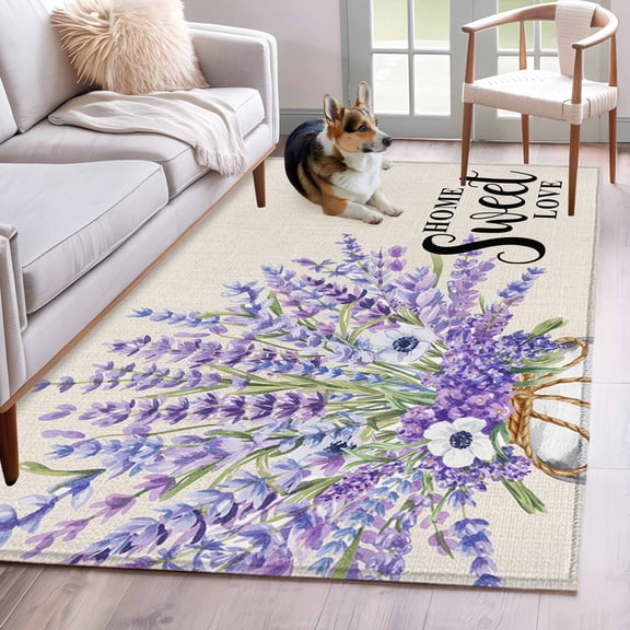 Area Rugs 2.7'x5', Spring Lavender Carpet for Living Room Bedroom Dining Room, Country Pastoral Botanical Purple Flowers Throw Kitchen Rugs Non Slip Washable Rectangle Indoor Outdoor Rugs