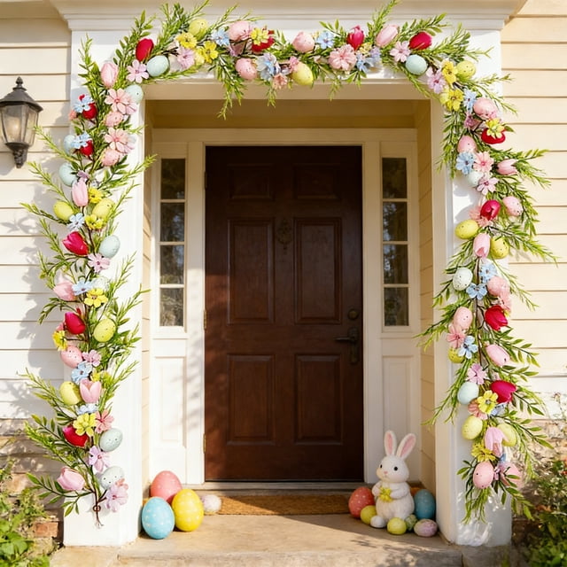 Uuiauoio Easter Long Vine Wreath 72.8 inch Spring Artificial Egg Flower Berry Long Vine Colorful Easter Decoration Holiday Celebration Indoor Outdoor Home Decoration Long Vine