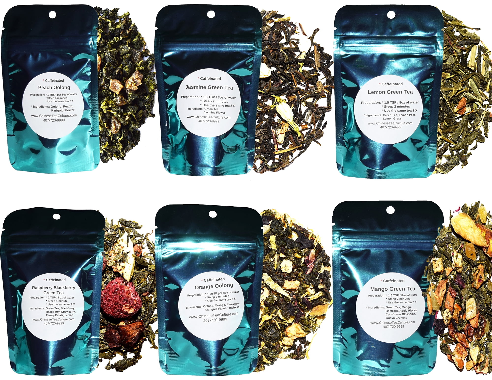 Chinese Tea Culture 6 Green Tea and Oolong Tea Samplers, Caffeinated, Jasmine Tea, Raspberry Blackberry Green Tea, Peach Tea, Orange Tea, Lemon Tea, Mango Tea, Loose Leaf Tea