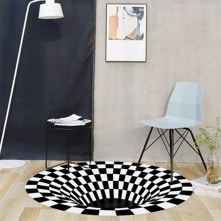 Vortex Illusion Rug Bottomless Carpet Round Black White Grid 3D
