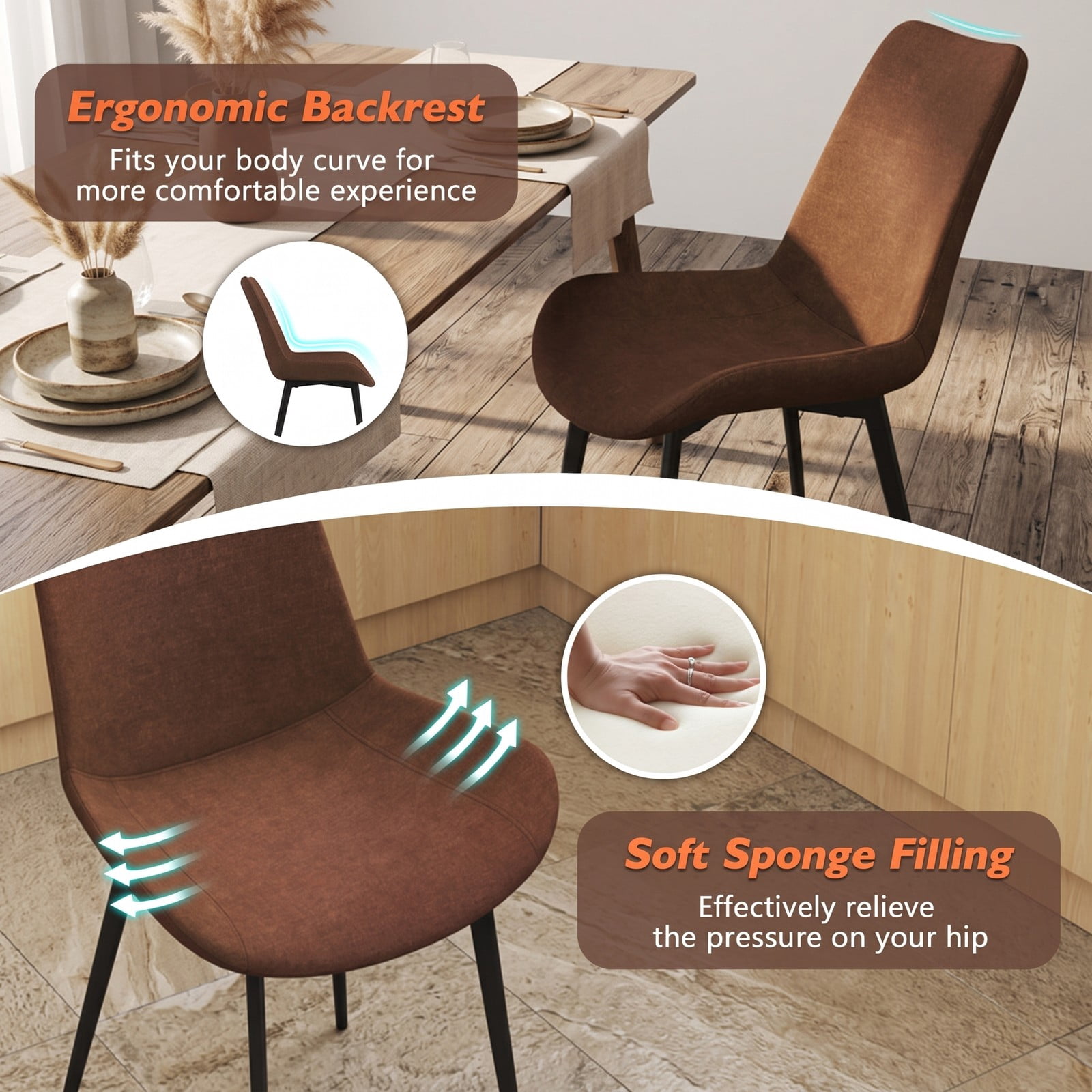 Furnibear Set of 4 Upholstered Dining Chairs with Metal Legs, Faux Linen Padded Back Kitchen Side Chairs, Ergonomic Armless Accent Chairs for Dining Room Living, Brown