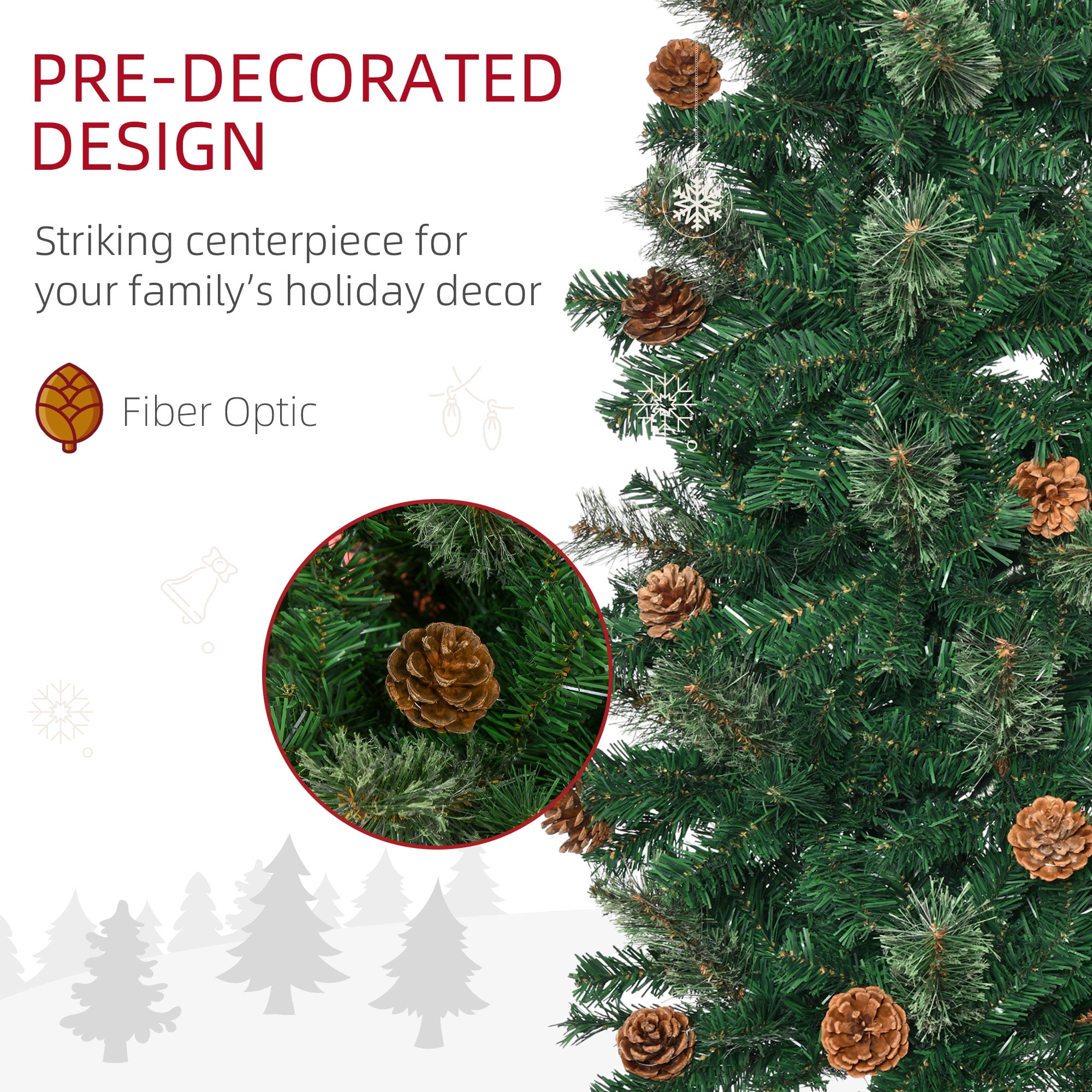 88.5"H Green Slim Pencil Artificial Christmas Tree, 706 Tips with 2 Layering Kinds Pine Cones, Section Design for Quick Setup, Flame Retardant, Sturdy Base, Indoor Holiday Decor