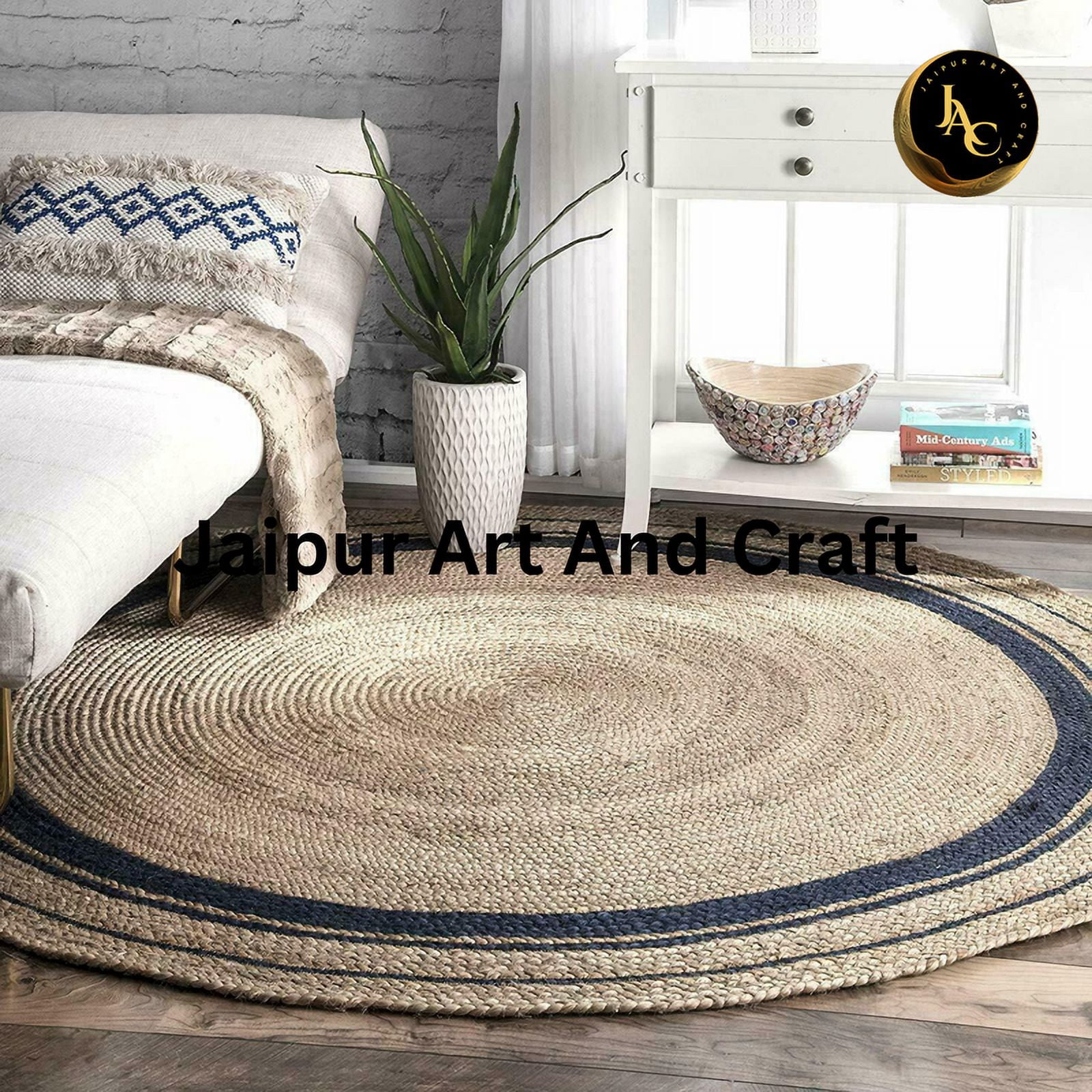 Jaipur Art And Craft Solid Jute Area Rug Handmade Round Natural Reversible Braided Carpet for Floor (5x5 Sq Ft)