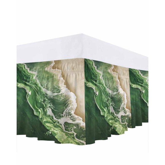 Dark Green Bed Skirt Queen Size 18" Drop Beige Gradient Ocean Wave Abstract Beach Coastal Ruffled Wrap Around Bed Skirts Adjustable Elastic Bedskirt Dust Ruffle for Queen Size Bed