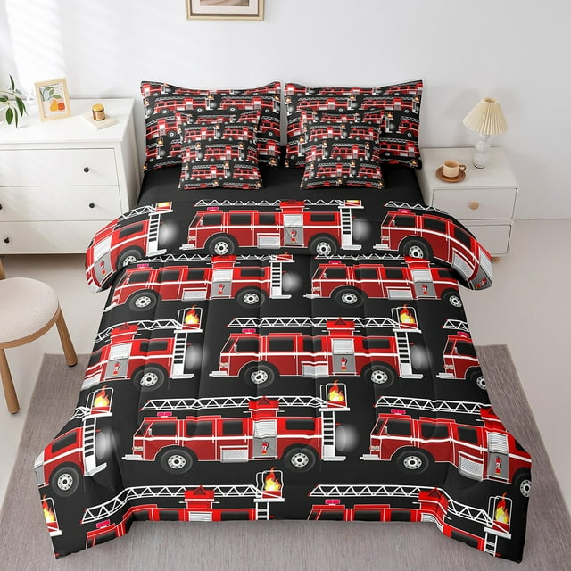 Fire Truck Queen Size Comforter Set - Bedding Set Queen 7 Pieces,Red Fire Fighting Vehicle Bed in a Bag Rescue Car Fire Engine Bed Set with Comforter,Sheets,Pillowcases & Shams