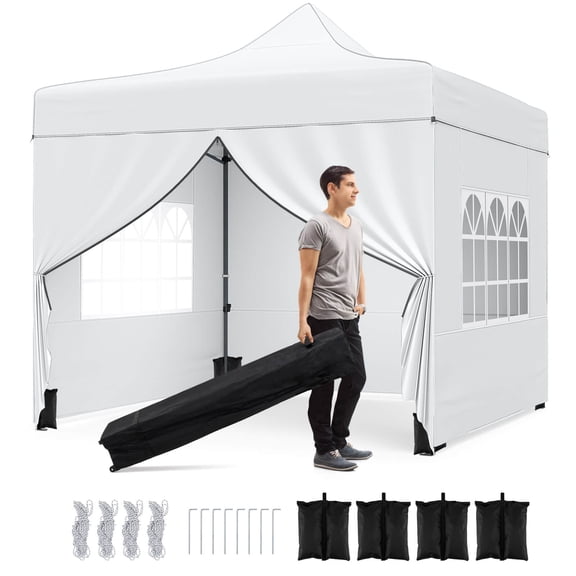 Costway 10 x 10 FT Pop up Canopy Tent with 4 Removable Sidewalls, Wheeled Bag, Sandbags White