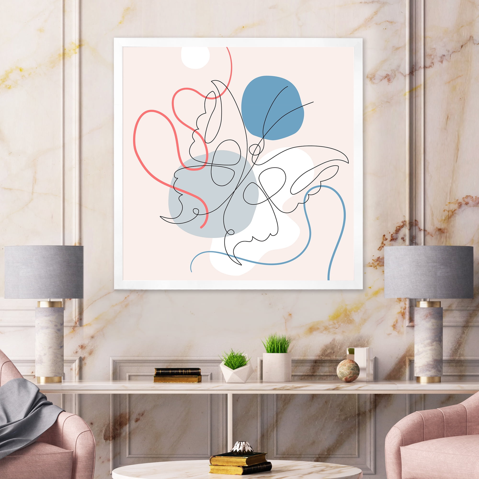 Designart 'Butterfly With One Line Drawing On Cubism Shapes I' Modern Framed Art Print