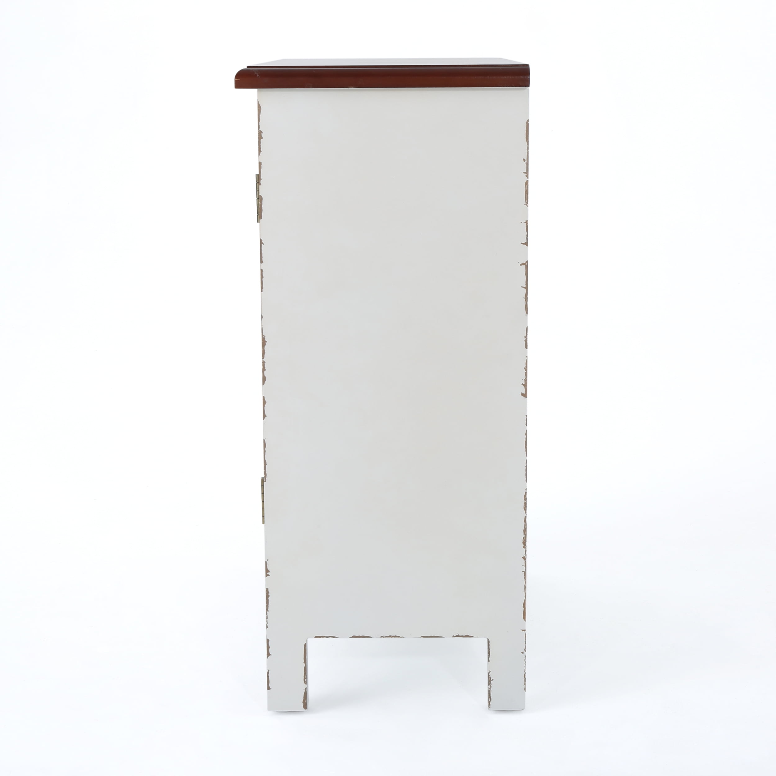 Noble House Leisha Farmhouse Firwood Distressed Cabinet with Carved Panels, White and Brown