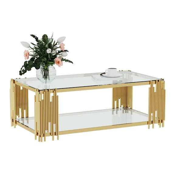 Luxury Stainless Steel Rectangle Glass Coffee Table with Gold-Toned Legs, Holaki Clear Glass Coffee Table for Living Room, Modern Elegant Cocktail Center Table with Storage Shelves for Home Office