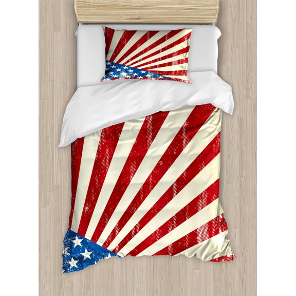 American Duvet Cover Set Twin Size, Old Distressed Flag Image Independence Day 4th of July Themed Print, Decorative 2 Piece Bedding Set with 1 Pillow Sham, Red Ivory and Navy Blue, by Ambesonne